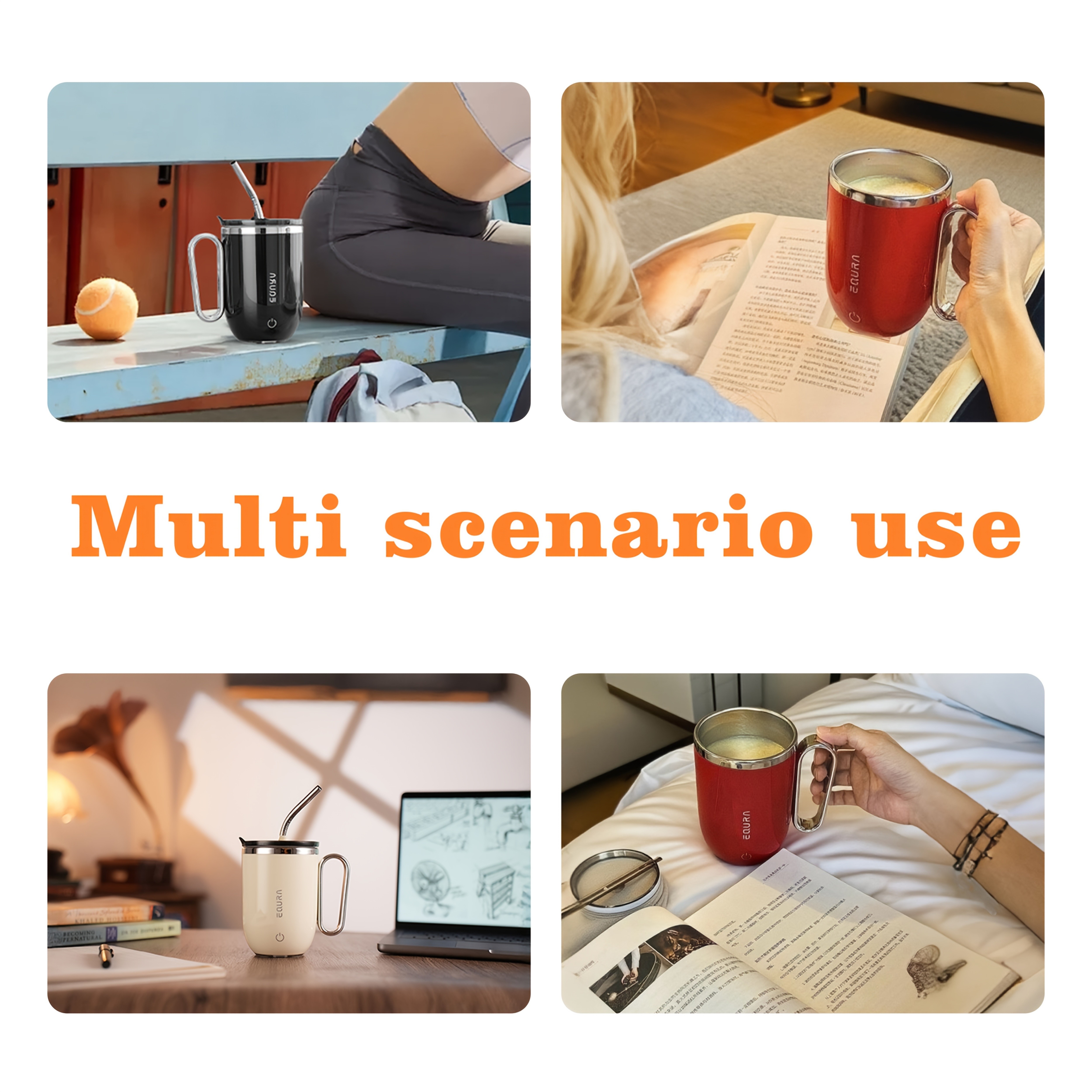 eQUra 420ml Rechargeable Magnetic Self-Stirring Travel Mug  Automatic Mixing Cup for Coffee, Milk, Chocolate & On-The-Go Drinks