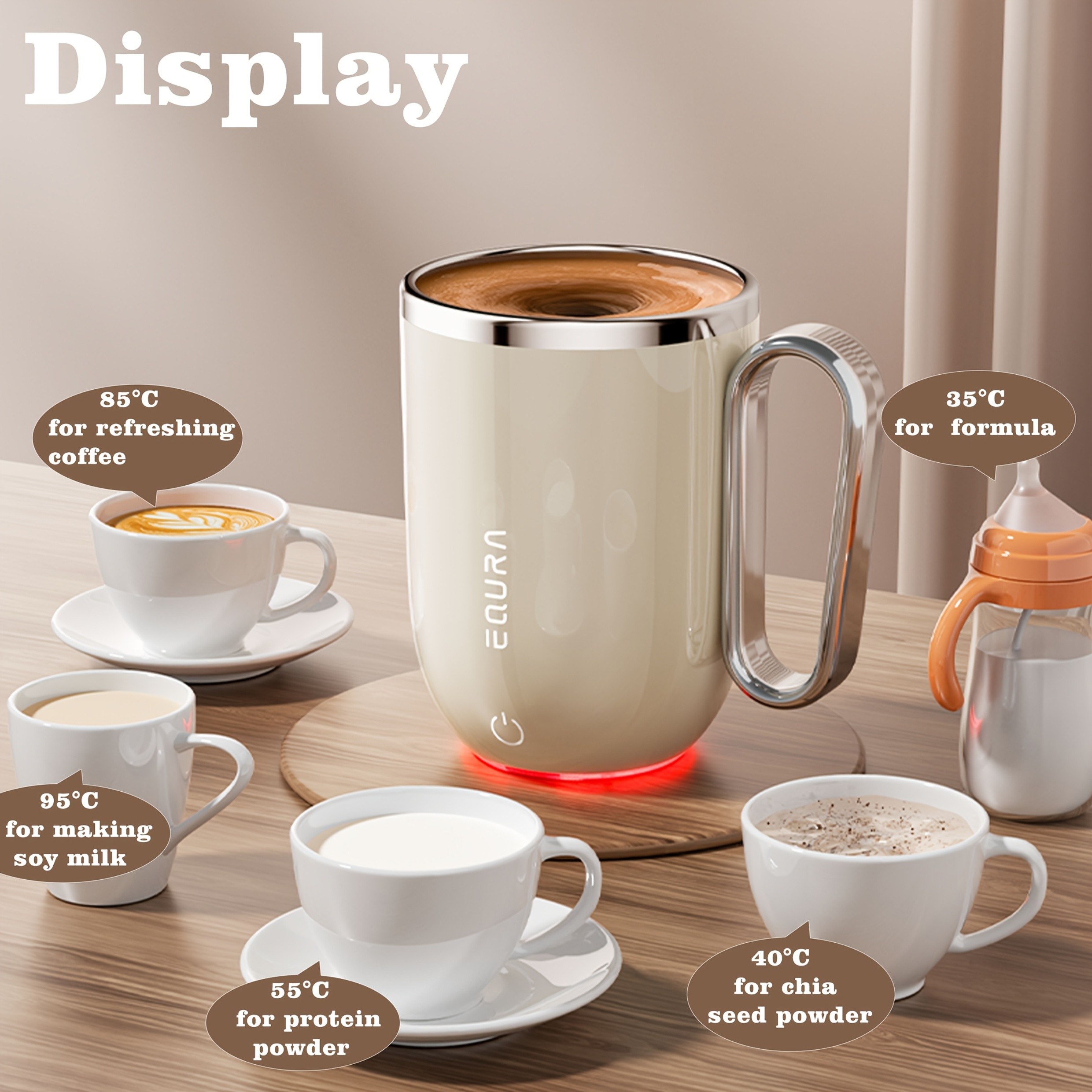 eQUra Retro Magnetic Self-Stirring Cup  USB Rechargeable 316 Stainless Steel Travel Mug for Coffee, Milk, Chocolate & Holiday Gifting