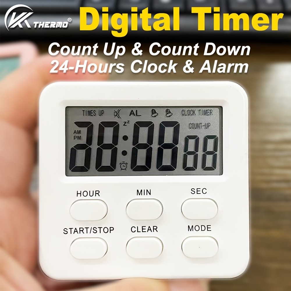 KT THERMO Digital LCD Alarm Clock & Multi-Mode Timer  24-Hour Display with Memory, Count-Up/Down & Stand/Hanging Hook