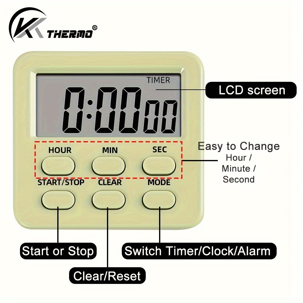 KT THERMO Digital LCD Alarm Clock & Multi-Mode Timer  24-Hour Display with Memory, Count-Up/Down & Stand/Hanging Hook