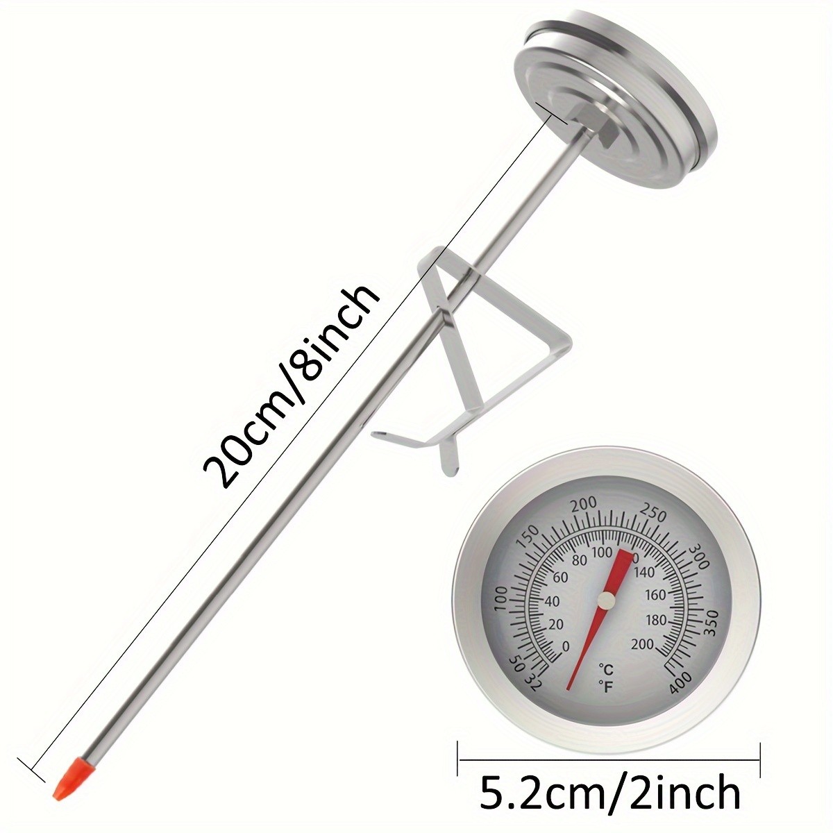 KT THERMO Stainless Steel Deep Fry Thermometer with Pot Clip  Long-Probe Food-Safe Gauge for Frying, BBQ & Baking