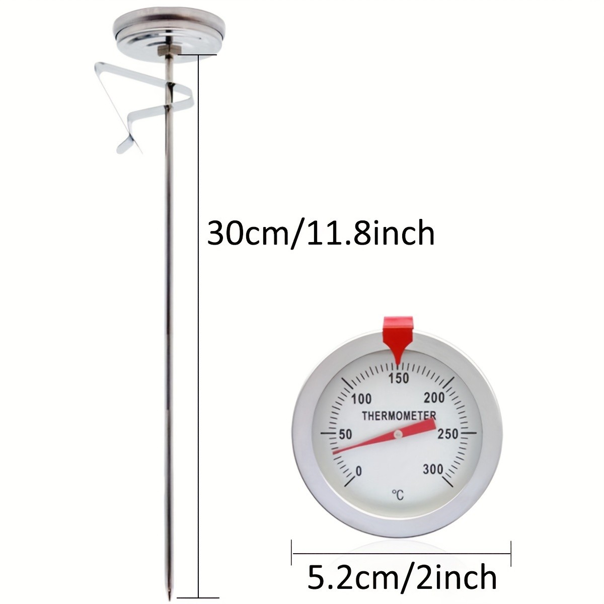 KT THERMO Stainless Steel Deep Fry Thermometer with Pot Clip  Long-Probe Food-Safe Gauge for Frying, BBQ & Baking