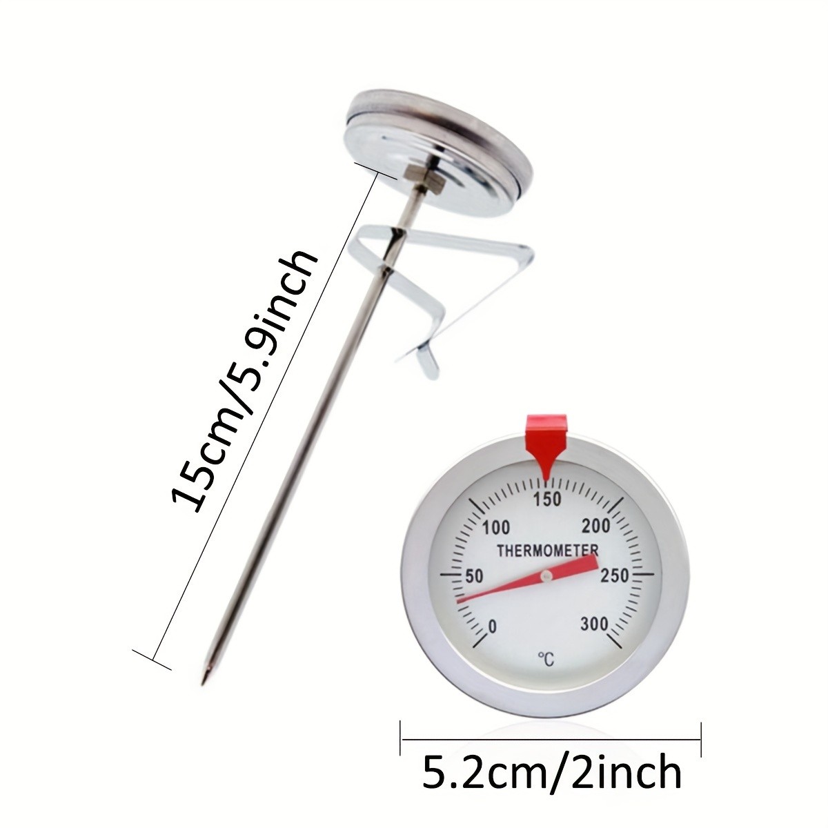 KT THERMO Stainless Steel Deep Fry Thermometer with Pot Clip  Long-Probe Food-Safe Gauge for Frying, BBQ & Baking