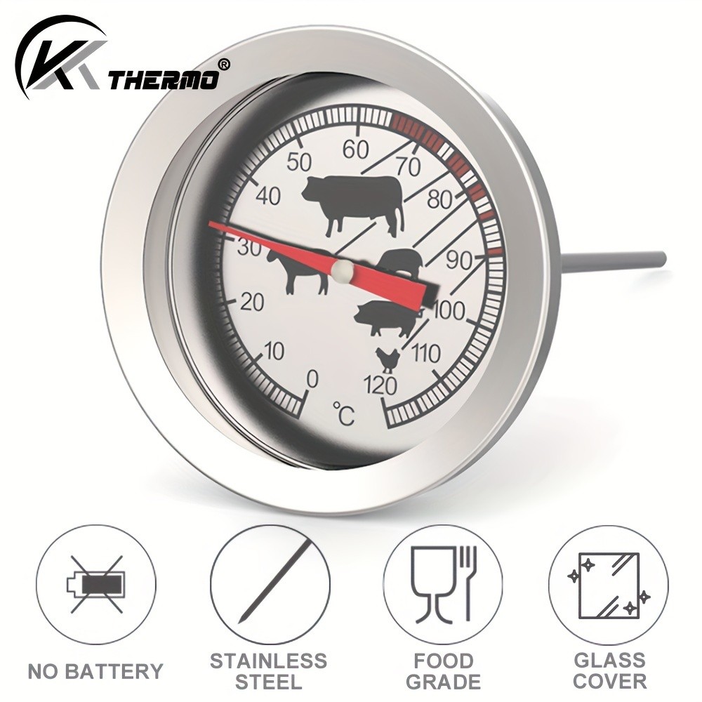 KT THERMO Stainless Steel Meat Thermometer Glass-Dial Probe Gauge for BBQ, Roasting & All Meat Cooking