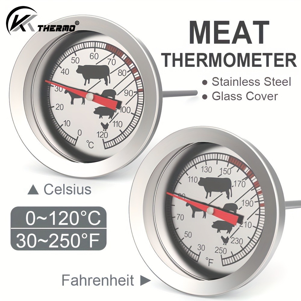 KT THERMO Stainless Steel Meat Thermometer Glass-Dial Probe Gauge for BBQ, Roasting & All Meat Cooking