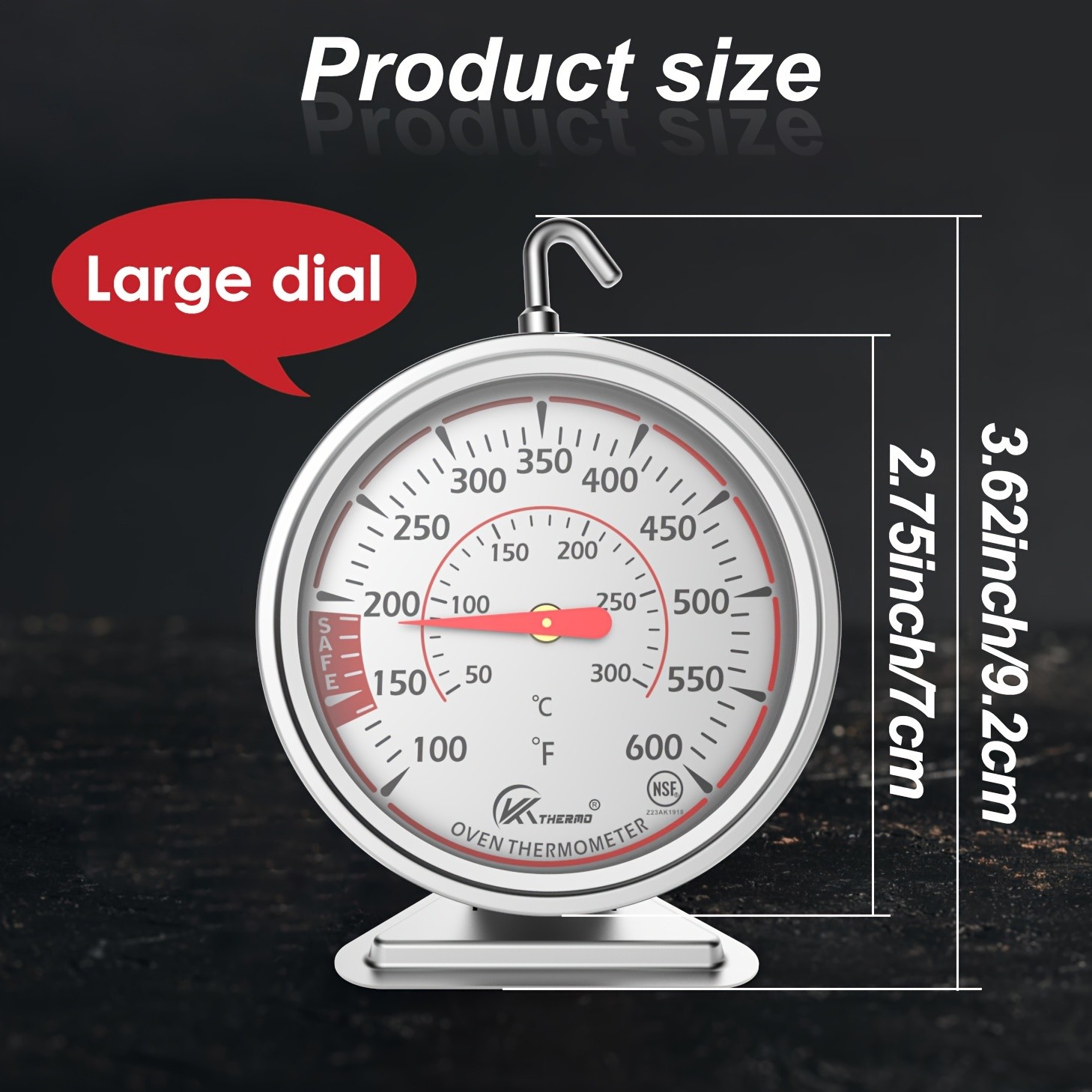 KT THERMO Precision Oven Thermometer with 6.99cm Dial  Stainless Steel 100600F / 50300C Gauge with 360 Rotating Hook
