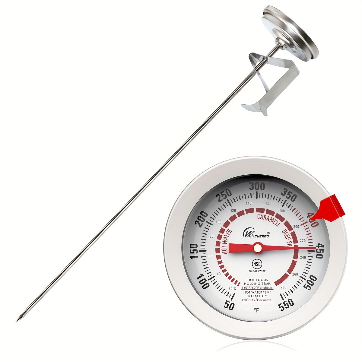 KT THERMO Long-Probe Deep Fry Thermometer with Adjustable Needle  Stainless Steel 30.48cm Clip-On Gauge for BBQ, Frying & Cooking