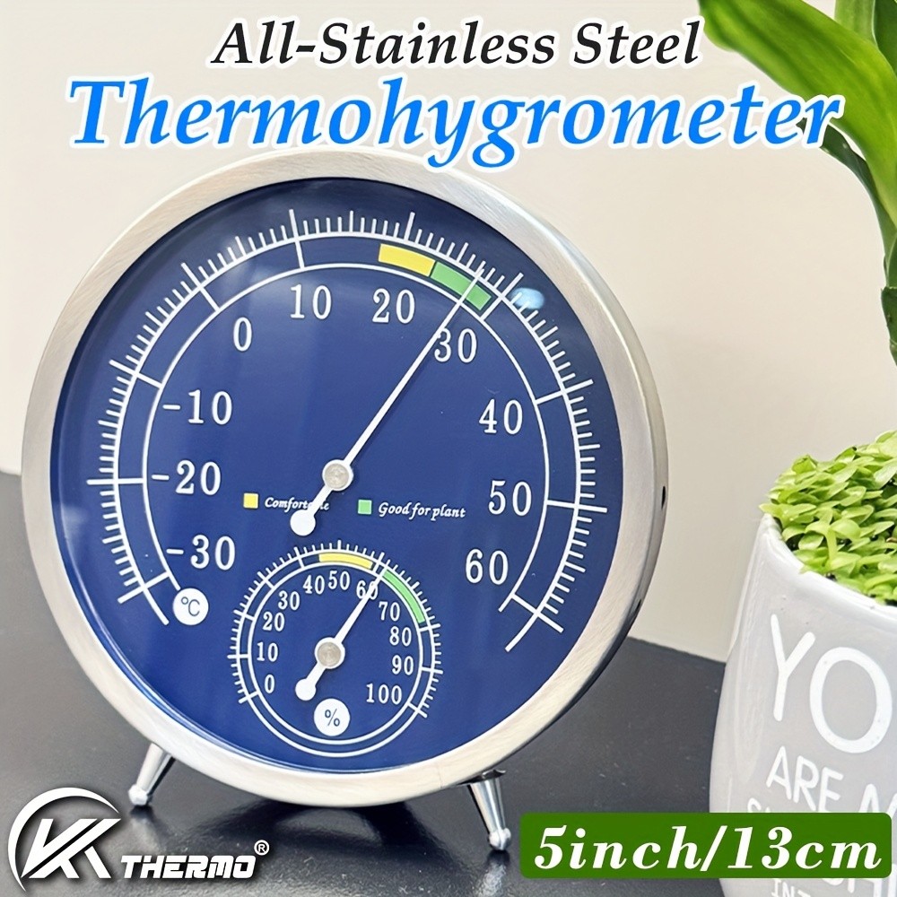 KT THERMO Premium Stainless Steel Indoor Thermo-Hygrometer  Analog Temperature & Humidity Monitor with Non-Skid Base (No Battery Needed)