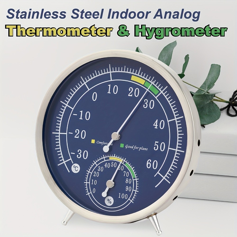 KT THERMO Premium Stainless Steel Indoor Thermo-Hygrometer  Analog Temperature & Humidity Monitor with Non-Skid Base (No Battery Needed)