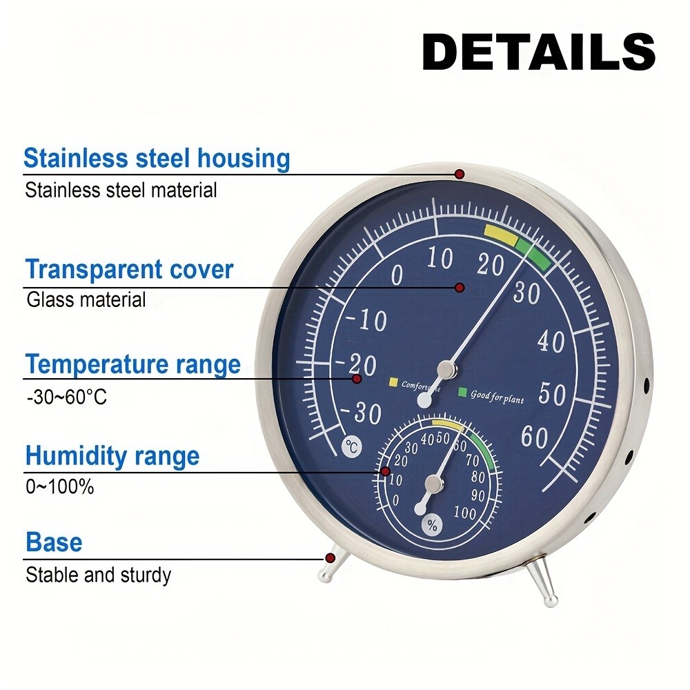KT THERMO Premium Stainless Steel Indoor Thermo-Hygrometer  Analog Temperature & Humidity Monitor with Non-Skid Base (No Battery Needed)