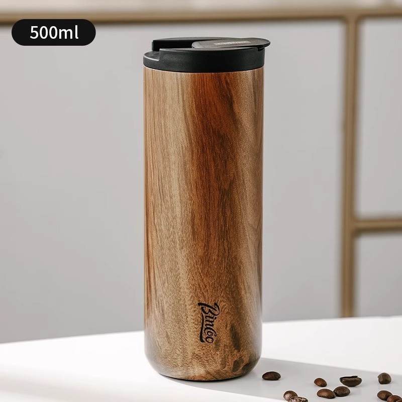Bincoo Vintage Wood-Grain Insulated Coffee Cup  Stainless Steel Thermal Mug for Stylish On-the-Go Sipping