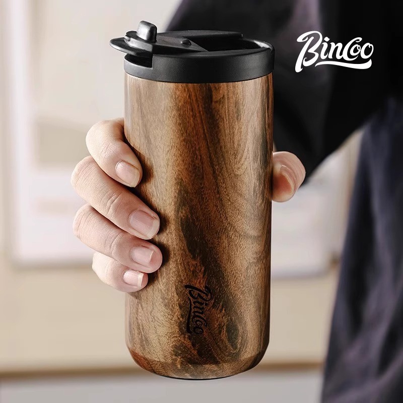 Bincoo Vintage Wood-Grain Insulated Coffee Cup  Stainless Steel Thermal Mug for Stylish On-the-Go Sipping