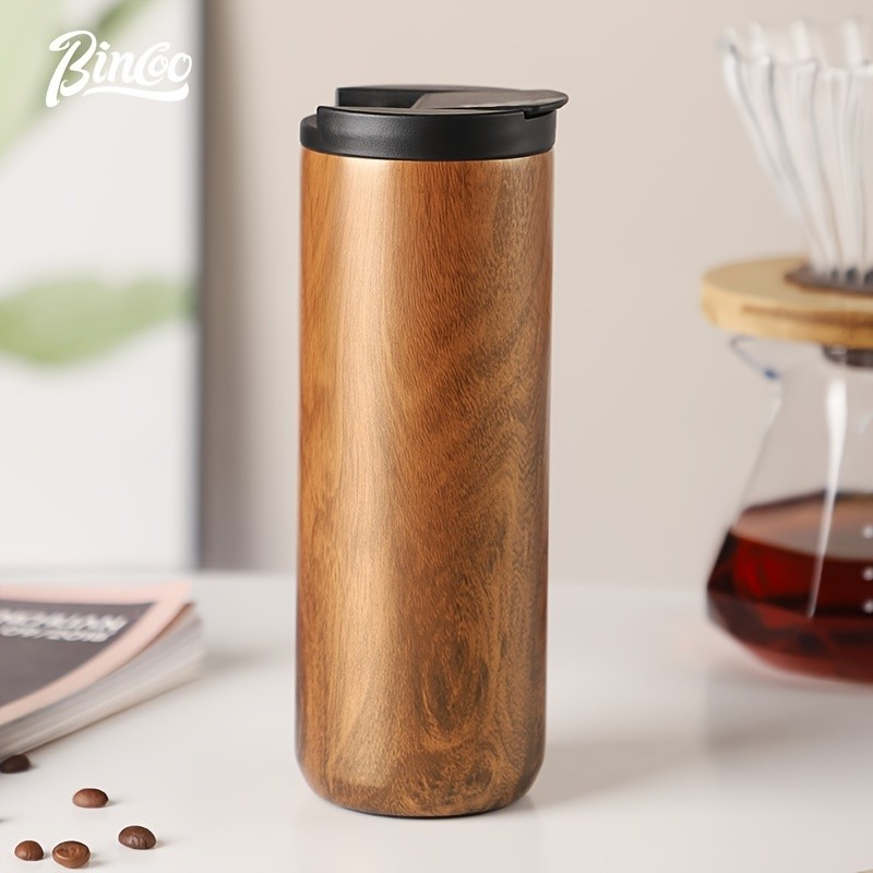 Bincoo Wood-Grain Vacuum Insulated Coffee Mug Double-Wall Stainless Steel Portable Tumbler with Hanging Earl Design