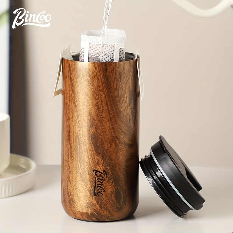 Bincoo Wood-Grain Vacuum Insulated Coffee Mug Double-Wall Stainless Steel Portable Tumbler with Hanging Earl Design
