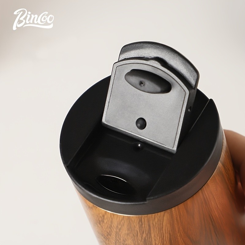 Bincoo Wood-Grain Vacuum Insulated Coffee Mug Double-Wall Stainless Steel Portable Tumbler with Hanging Earl Design