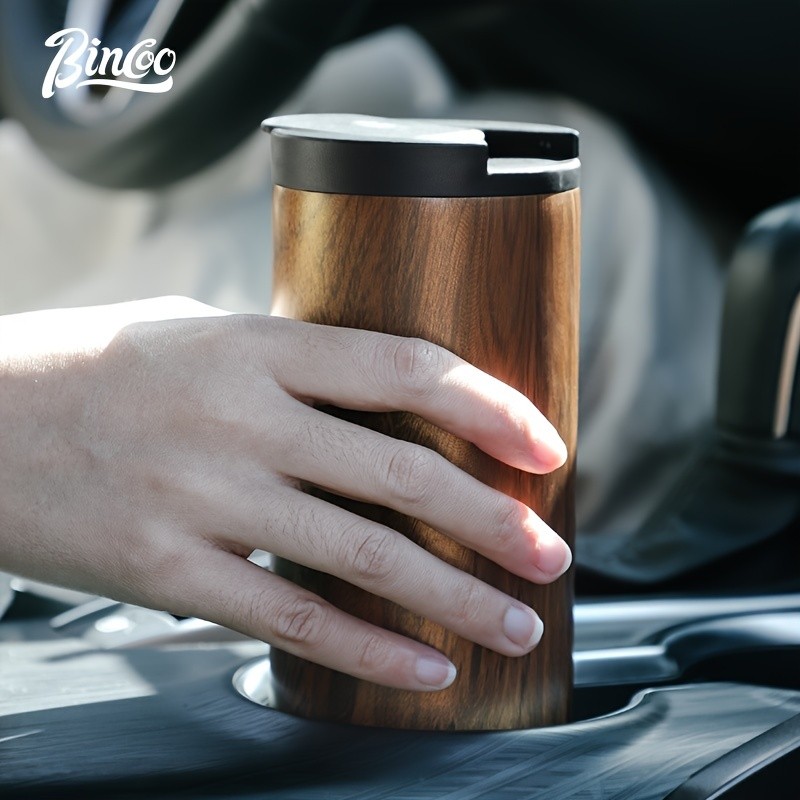 Bincoo Wood-Grain Vacuum Insulated Coffee Mug Double-Wall Stainless Steel Portable Tumbler with Hanging Earl Design