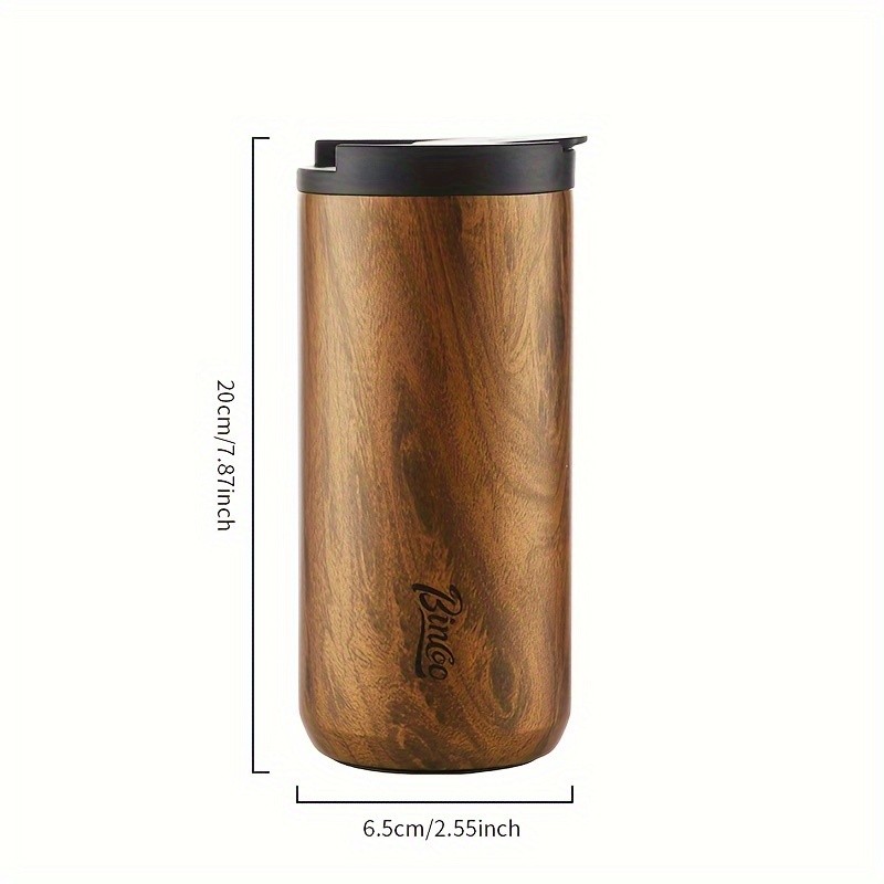 Bincoo Wood-Grain Vacuum Insulated Coffee Mug  Double-Wall Stainless Steel Portable Tumbler with Hanging Earl Design