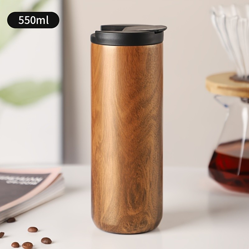 Bincoo Wood-Grain Vacuum Insulated Coffee Mug Double-Wall Stainless Steel Portable Tumbler with Hanging Earl Design