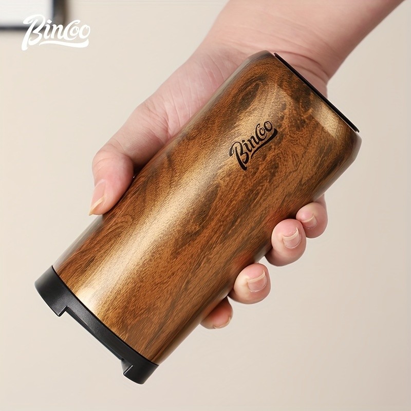Bincoo Wood-Grain Vacuum Insulated Coffee Mug Double-Wall Stainless Steel Portable Tumbler with Hanging Earl Design