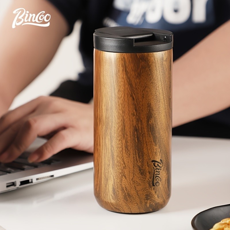 Bincoo Wood-Grain Vacuum Insulated Coffee Mug Double-Wall Stainless Steel Portable Tumbler with Hanging Earl Design