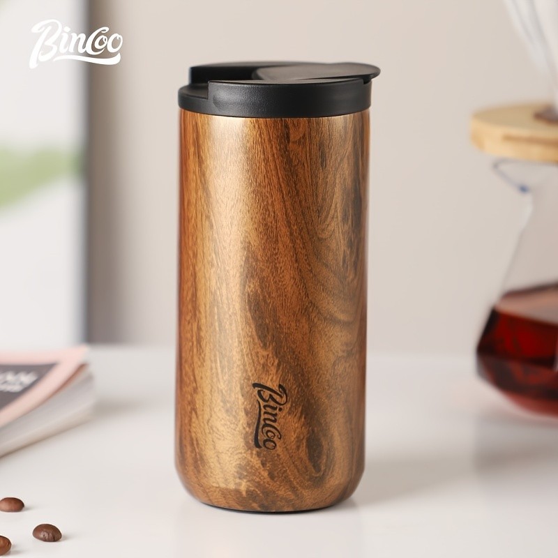 Bincoo Wood-Grain Vacuum Insulated Coffee Mug Double-Wall Stainless Steel Portable Tumbler with Hanging Earl Design