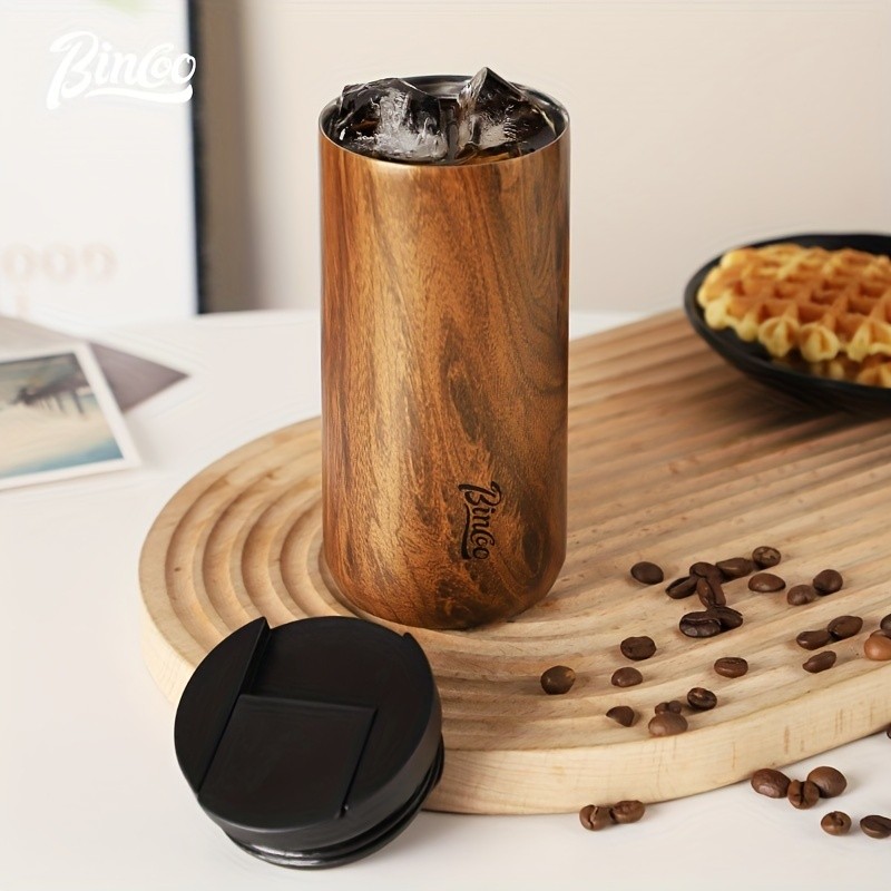 Bincoo Wood-Grain Vacuum Insulated Coffee Mug Double-Wall Stainless Steel Portable Tumbler with Hanging Earl Design