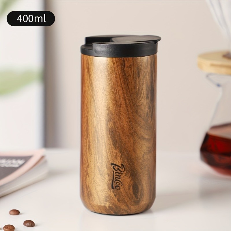 Bincoo Wood-Grain Vacuum Insulated Coffee Mug Double-Wall Stainless Steel Portable Tumbler with Hanging Earl Design