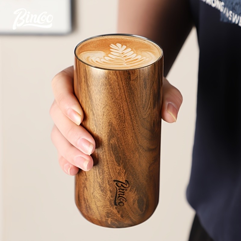 Bincoo Wood-Grain Vacuum Insulated Coffee Mug Double-Wall Stainless Steel Portable Tumbler with Hanging Earl Design