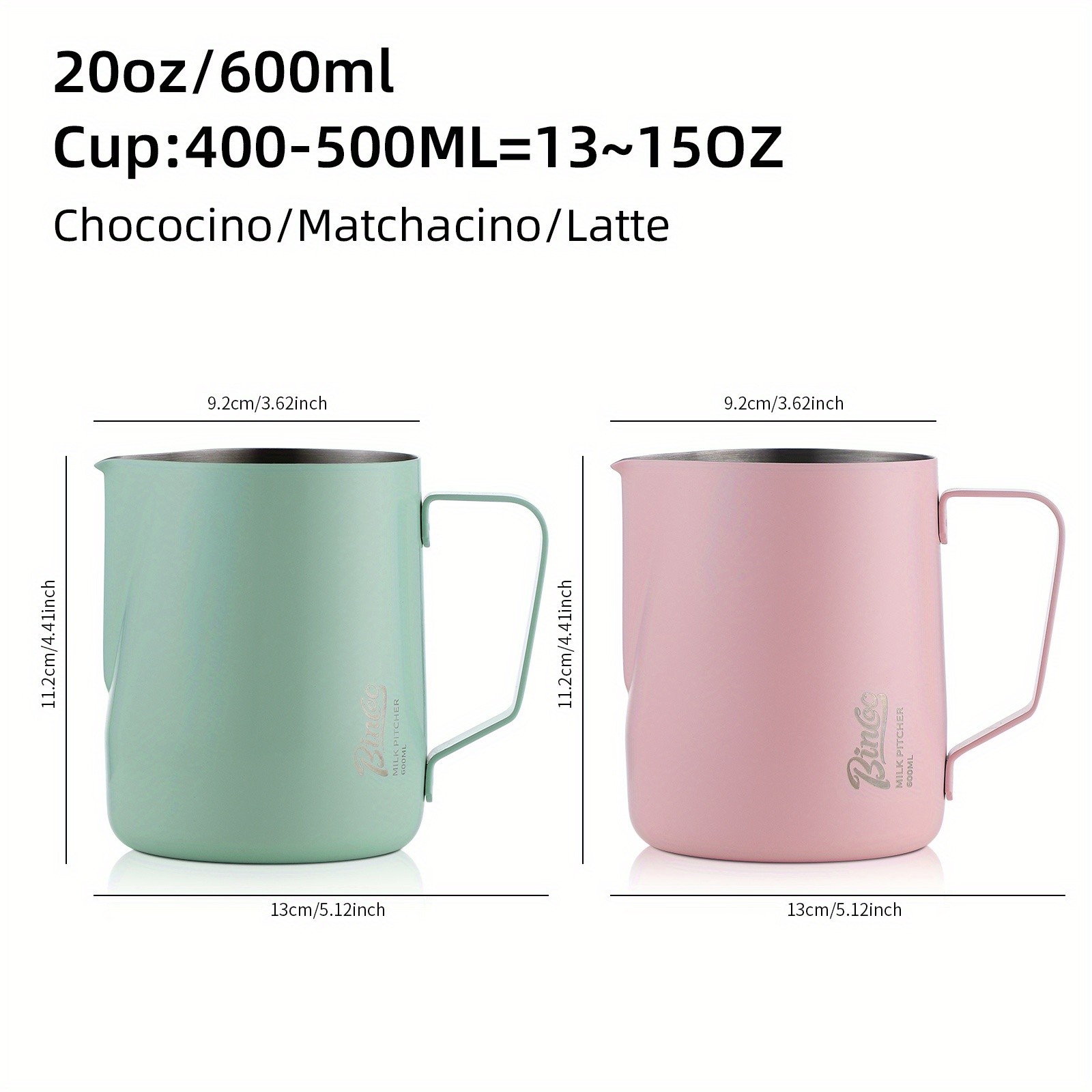 Bincoo Stainless Steel Latte Art Frothing Pitcher Set 350ml & 600ml Pointed-Spout Steam Jugs for Barista-Quality Milk Texturing