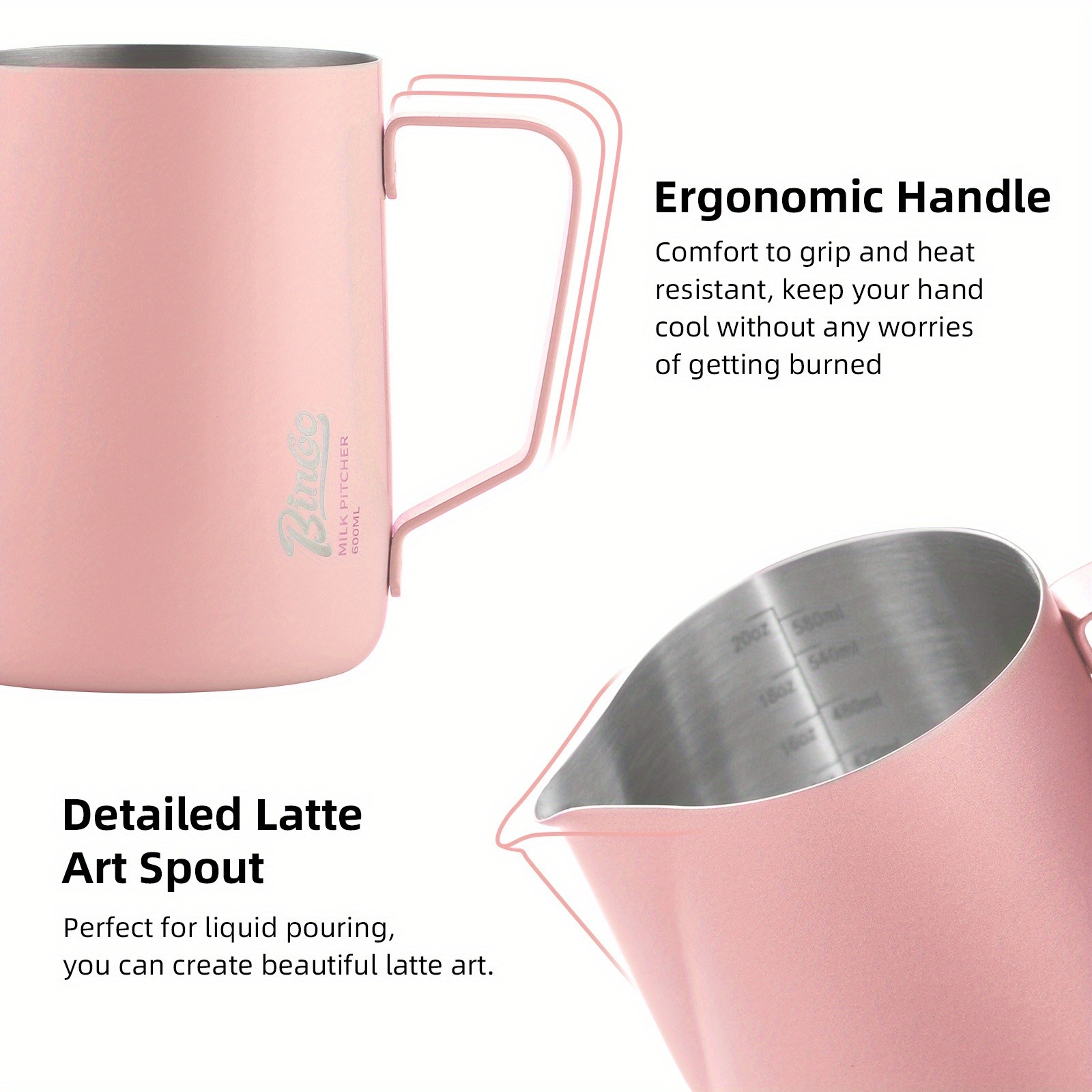 Bincoo Stainless Steel Latte Art Frothing Pitcher Set 350ml & 600ml Pointed-Spout Steam Jugs for Barista-Quality Milk Texturing