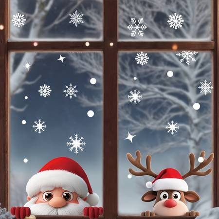 2 Sheets Cute Christmas Window Clings  Santa, Reindeer & Snowflakes (Reusable Static Stickers)
