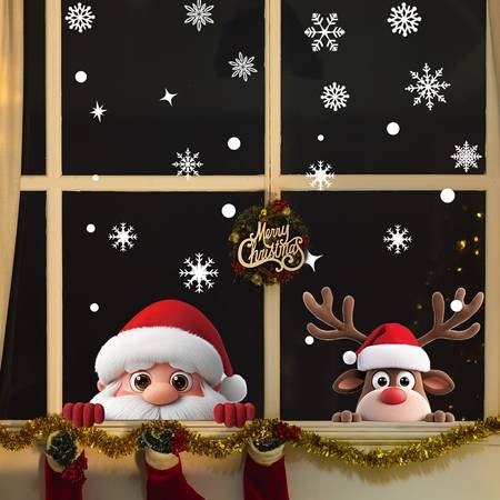 2 Sheets Cute Christmas Window Clings  Santa, Reindeer & Snowflakes (Reusable Static Stickers)