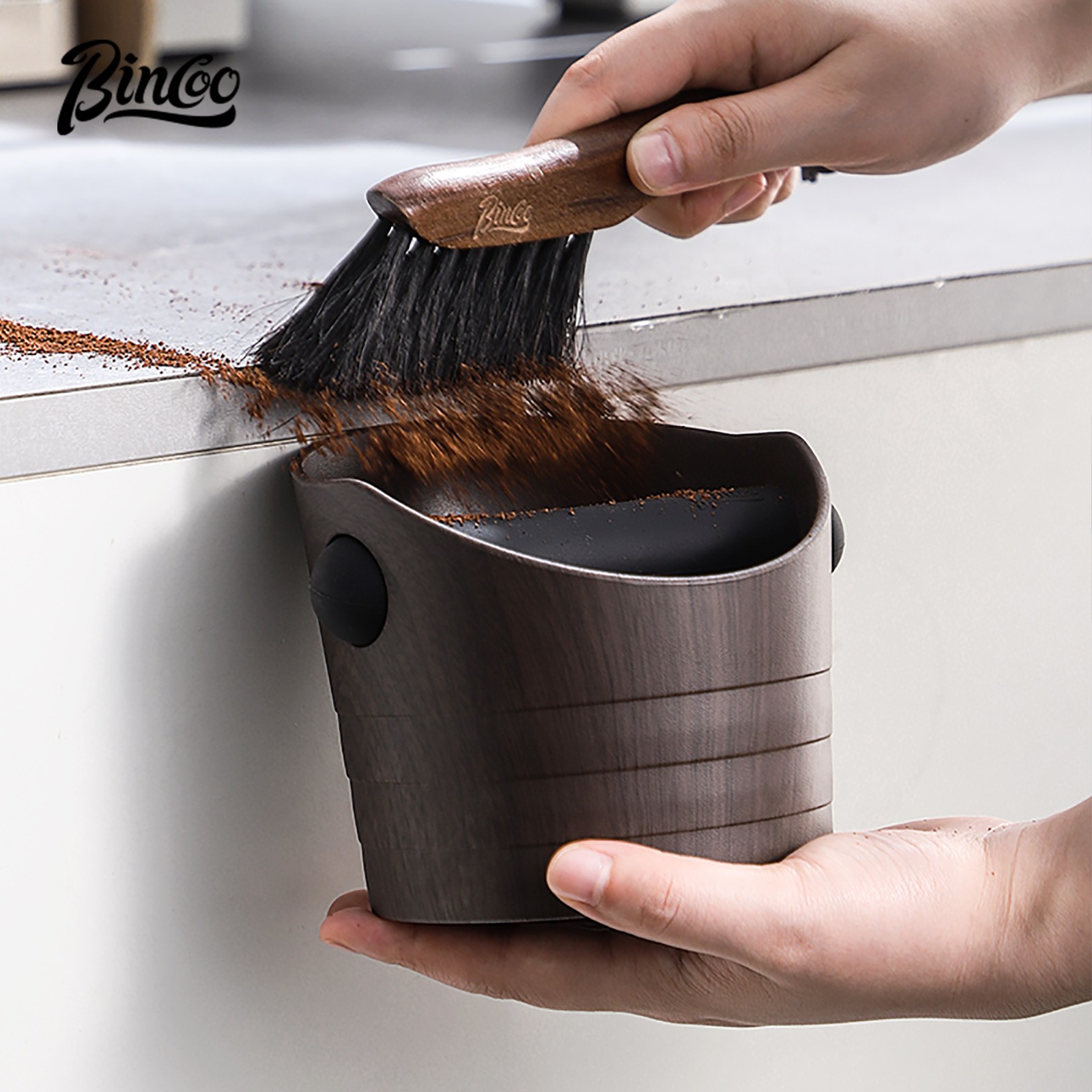 Bincoo Wood Grain Coffee Sludge Bucket  Italian-Style ABS Knock Powder Container for Clean, Easy Waste Storage