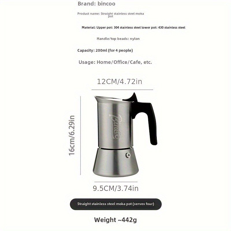Bincoo Stainless Steel Moka Pot  Single Valve Espresso Maker for Home Brewing