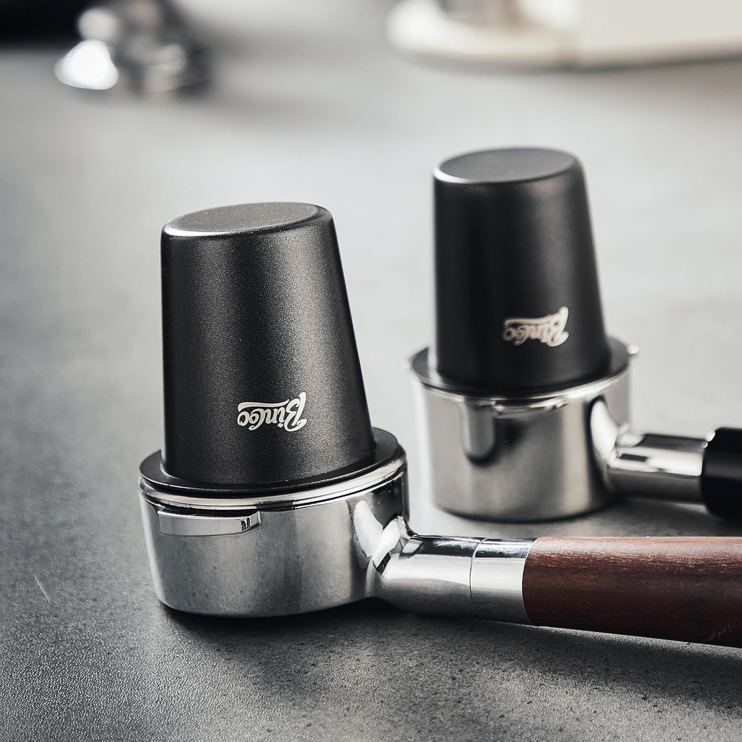 Bincoo 58mm Stainless Steel Dosing Cup  Precision Coffee Measuring Tool with Black Cap