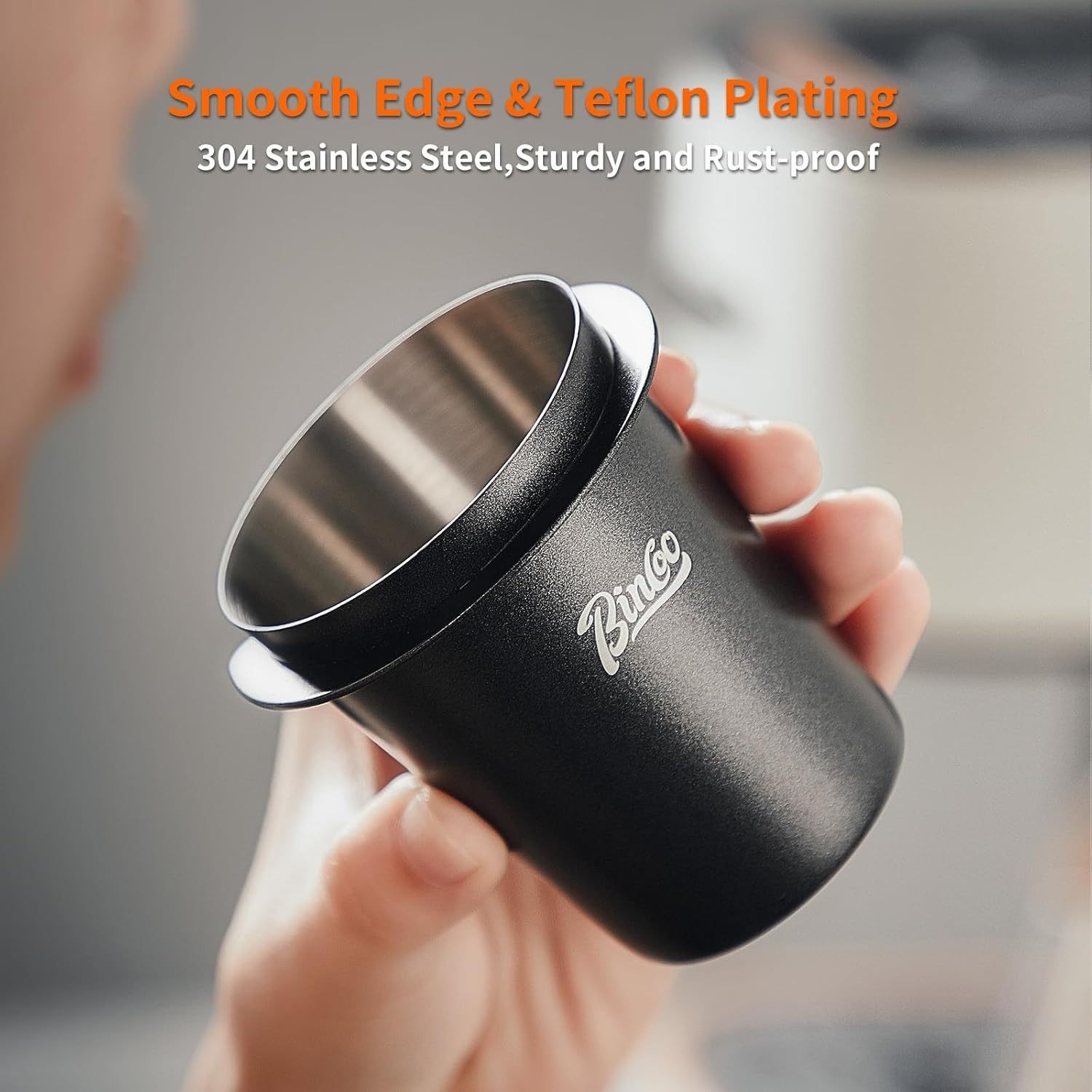 Bincoo 58mm Stainless Steel Dosing Cup  Precision Coffee Measuring Tool with Black Cap