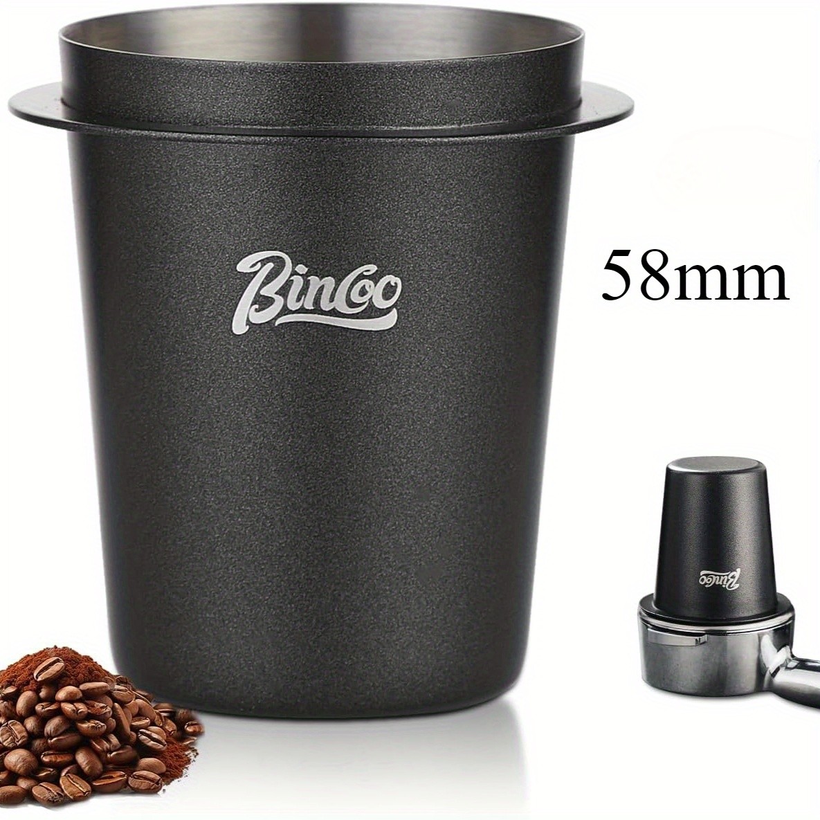 Bincoo 58mm Stainless Steel Dosing Cup  Precision Coffee Measuring Tool with Black Cap