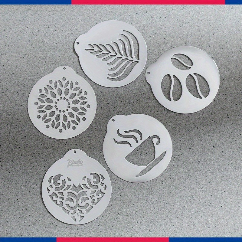 Bincoo Stainless Latte Art Mold Set  5pcs Coffee Pattern Stencil Kit