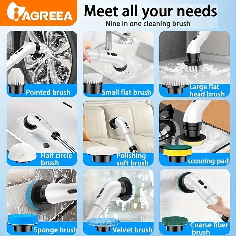 IAGREEA Electric Rotating Cleaning Brush  Cordless 3-Speed Scrubber with Replaceable Heads