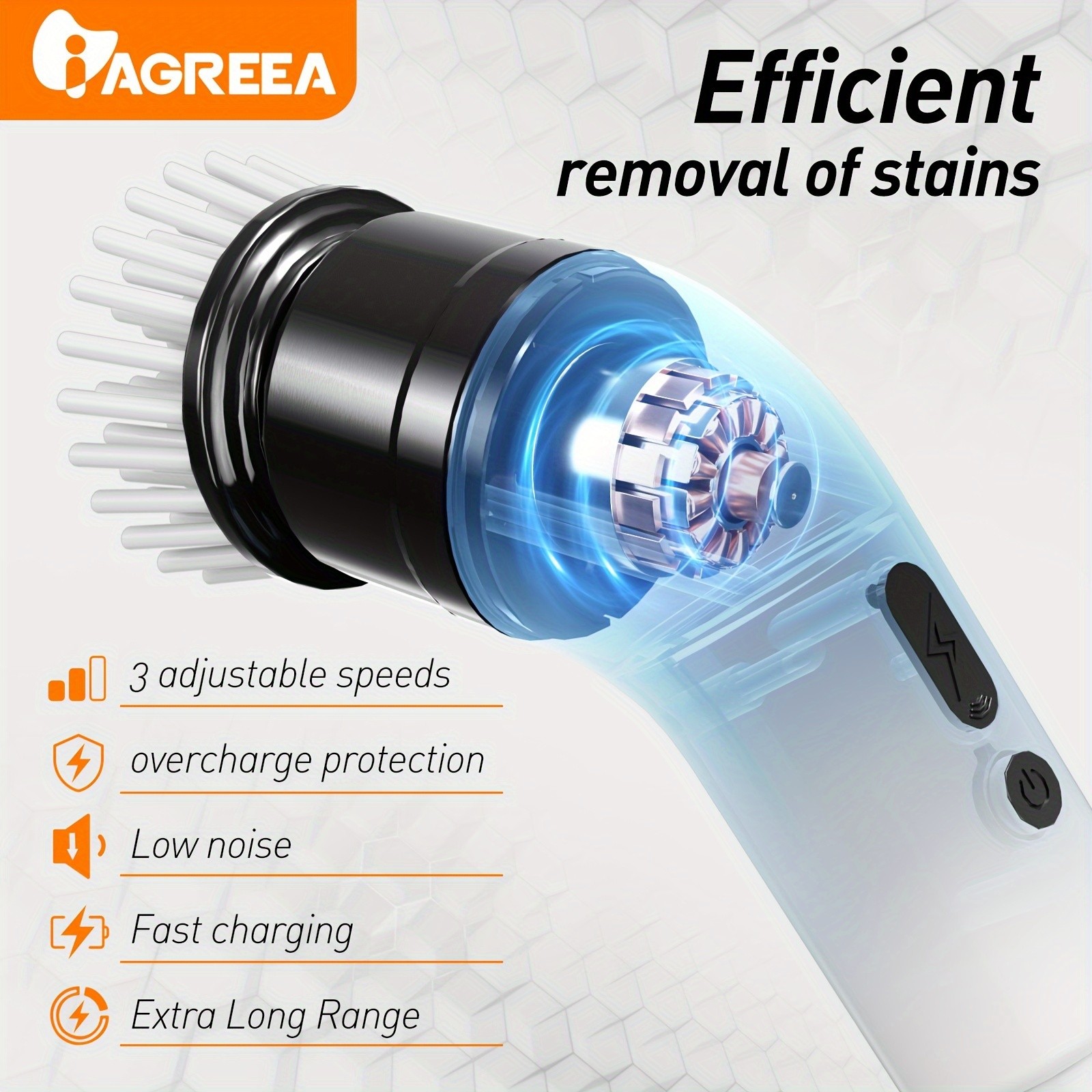 IAGREEA Electric Rotating Cleaning Brush  Cordless 3-Speed Scrubber with Replaceable Heads
