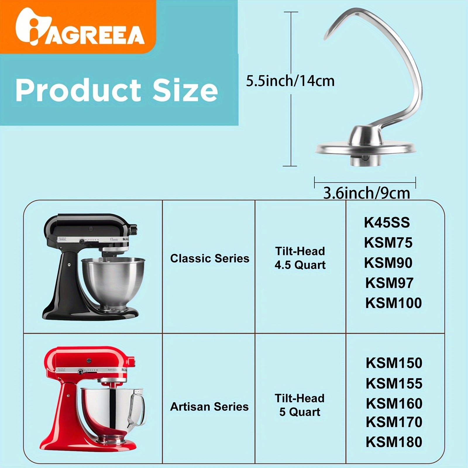 IAGREEA Stainless Spiral Dough Hook  Heavy-Duty Mixer Attachment for Bread & Pizza