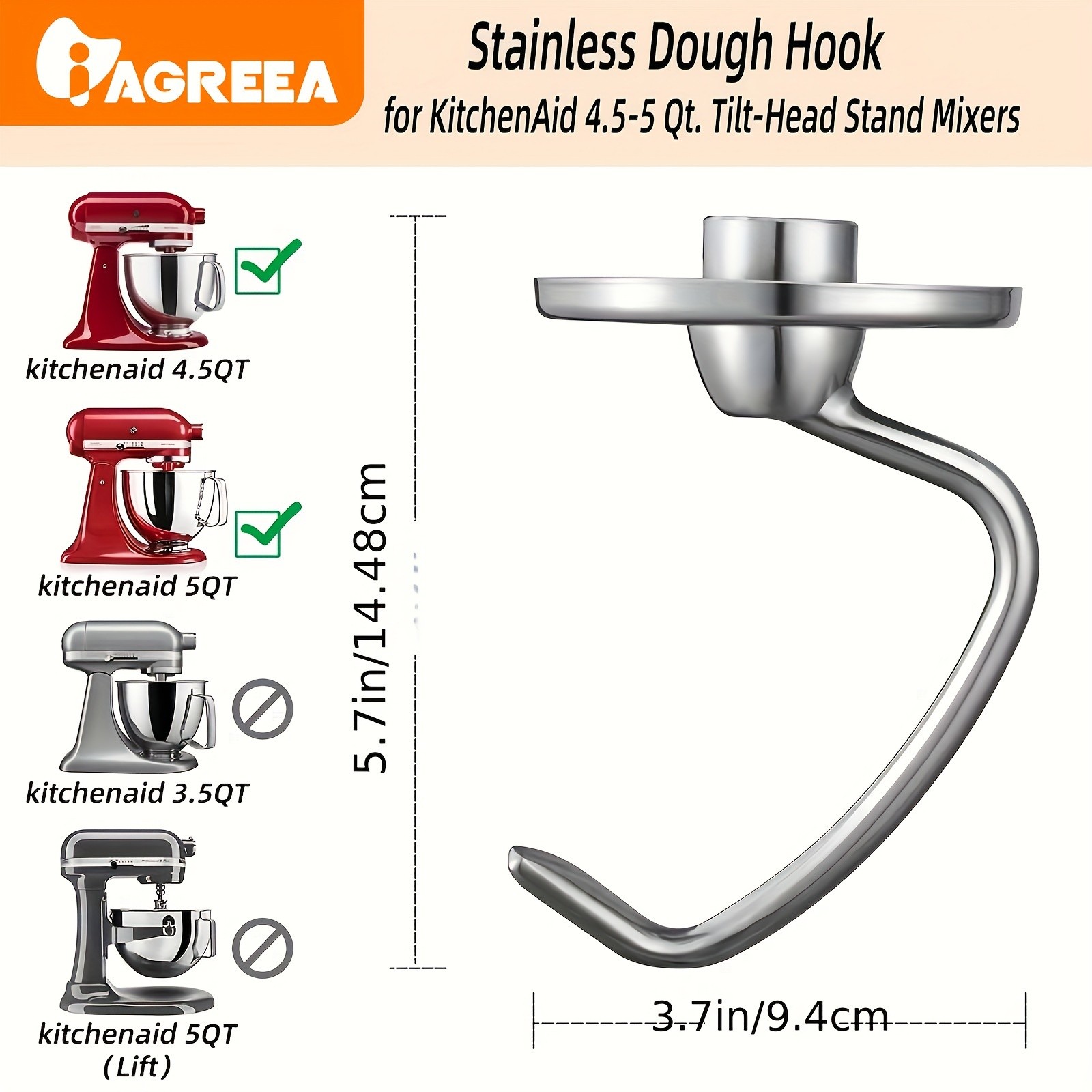 IAGREEA Stainless Spiral Dough Hook  Heavy-Duty Mixer Attachment for Bread & Pizza