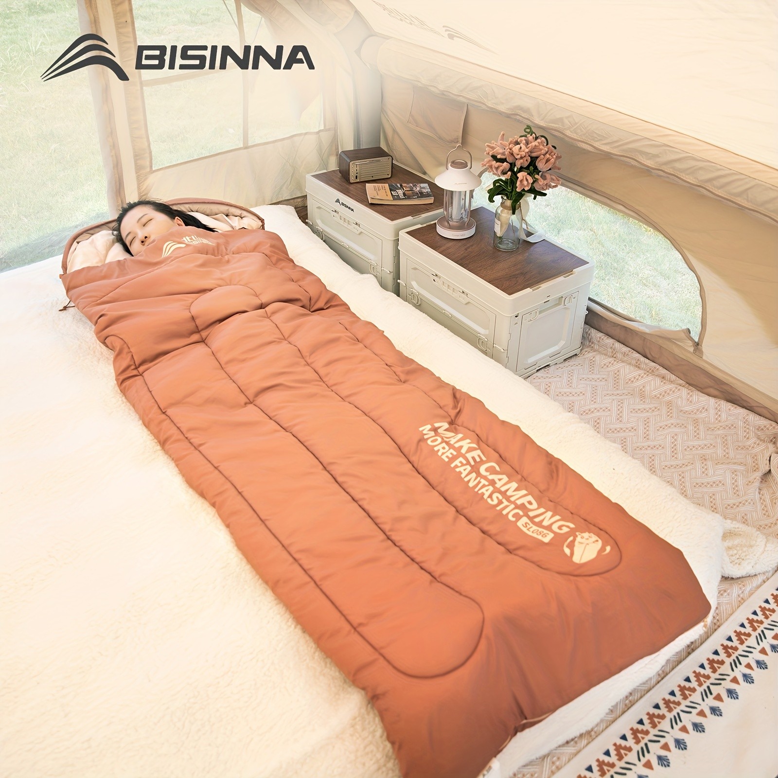 BISINNA Thickened Oval Quilt Sleeping Bag Warm Synthetic Fiber Outdoor Camping Bag with Hood