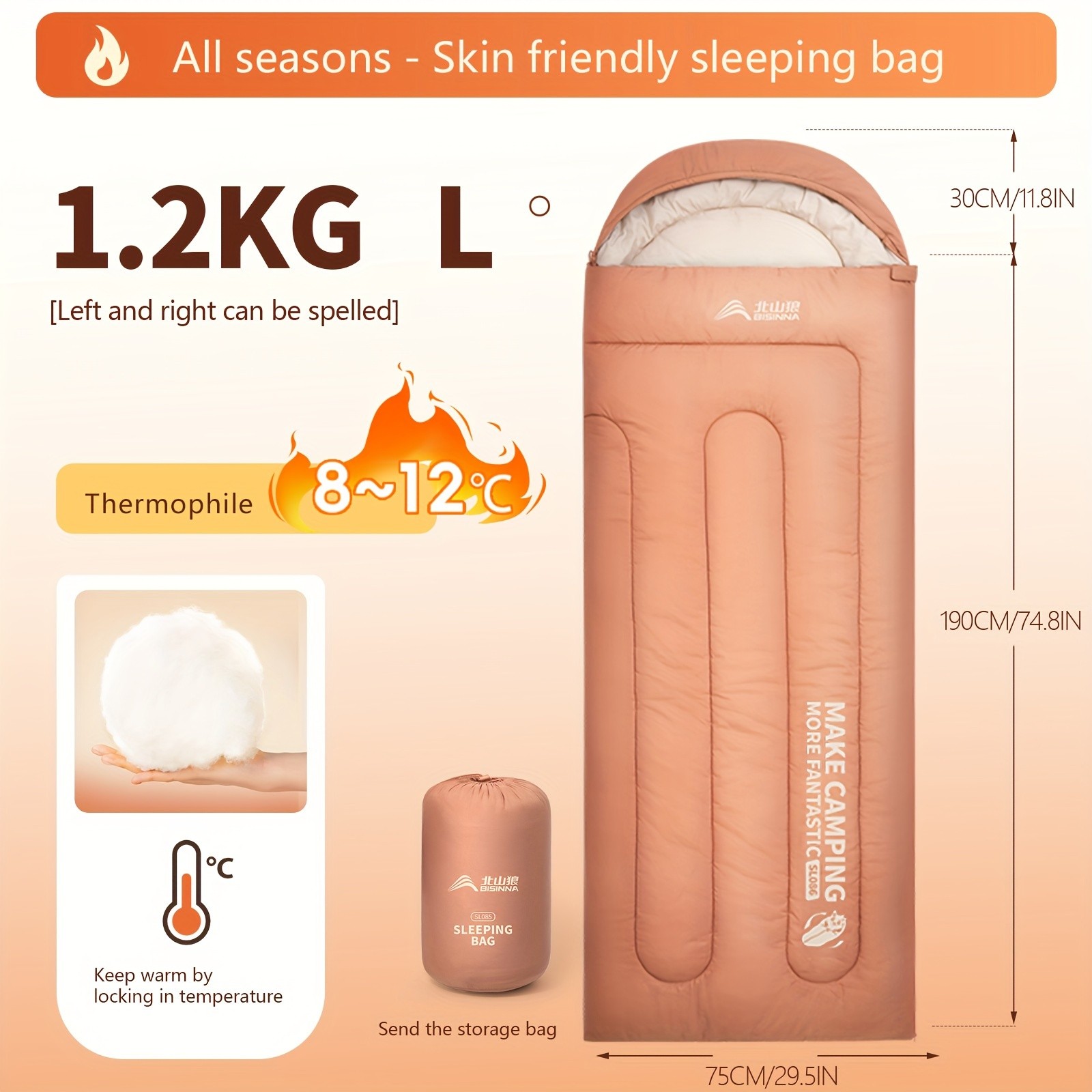 BISINNA Thickened Oval Quilt Sleeping Bag Warm Synthetic Fiber Outdoor Camping Bag with Hood