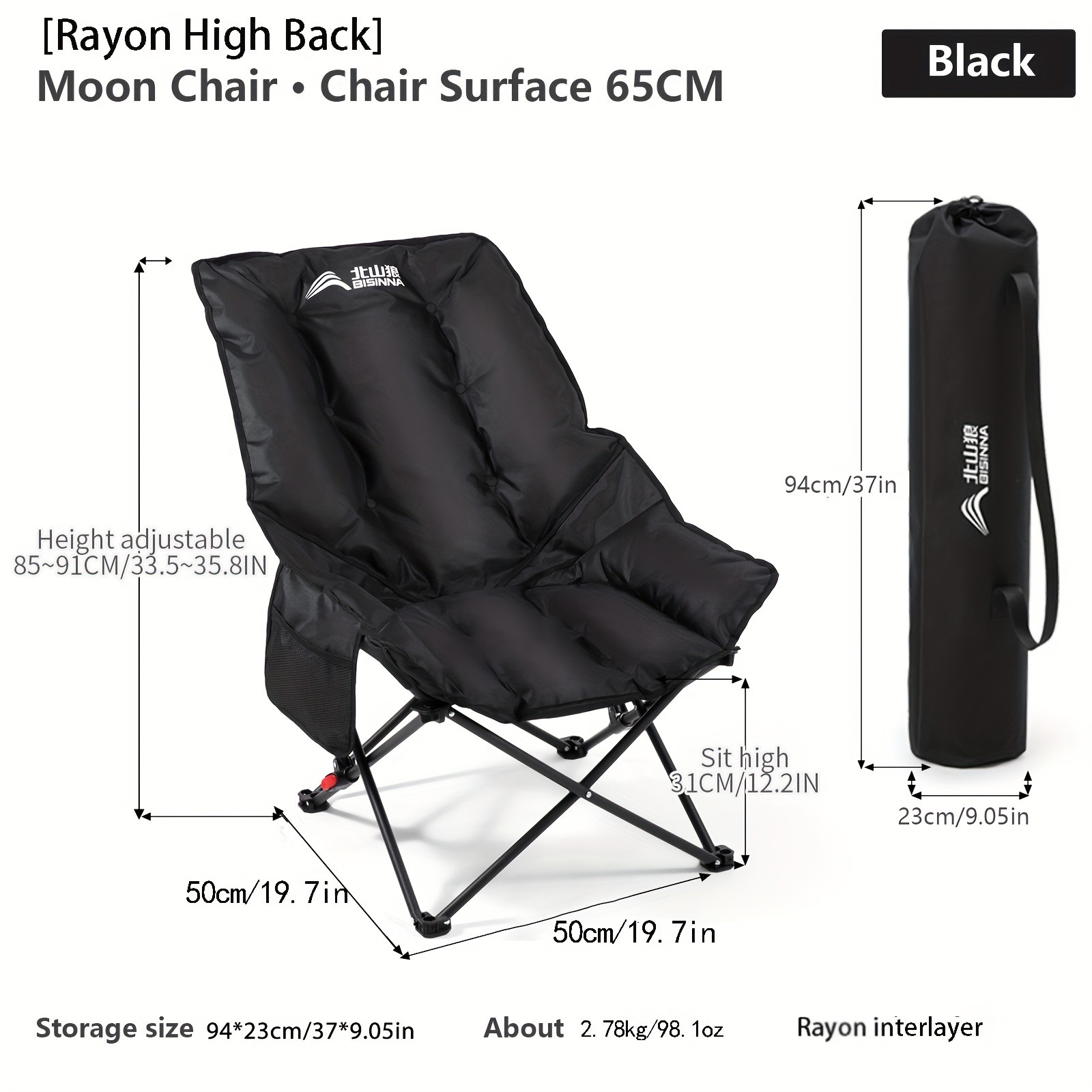 BISINNA Foldable High-Back Recliner Cushioned Iron Alloy Outdoor Chair