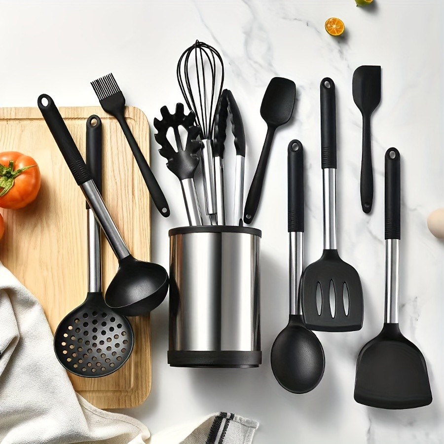 WIEZ Rotating Stainless Steel Utensil Holder 360 Cutlery & Tool Organiser with Drainage and Dividers