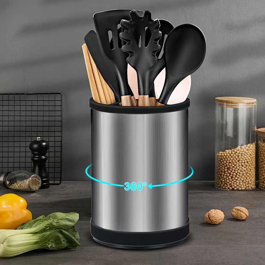 WIEZ Rotating Stainless Steel Utensil Holder 360 Cutlery & Tool Organiser with Drainage and Dividers