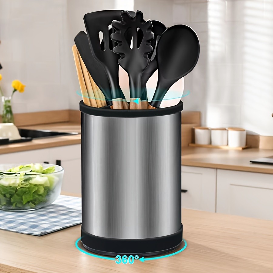 WIEZ Rotating Stainless Steel Utensil Holder 360 Cutlery & Tool Organiser with Drainage and Dividers