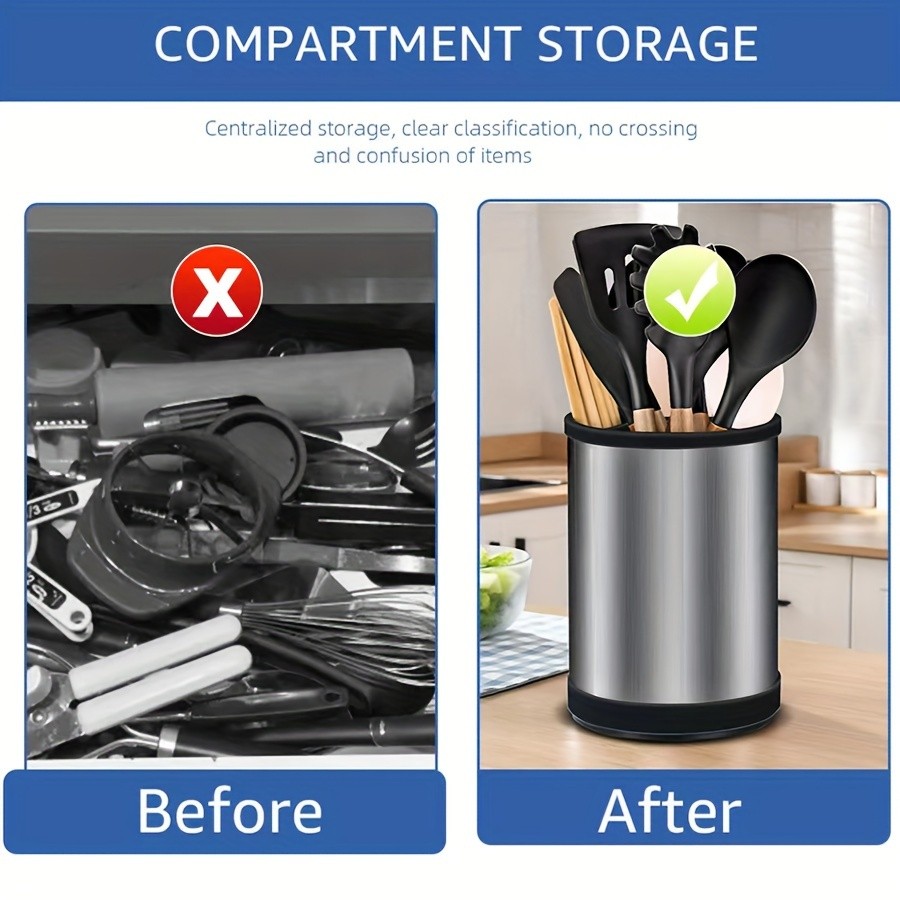 WIEZ Rotating Stainless Steel Utensil Holder 360 Cutlery & Tool Organiser with Drainage and Dividers