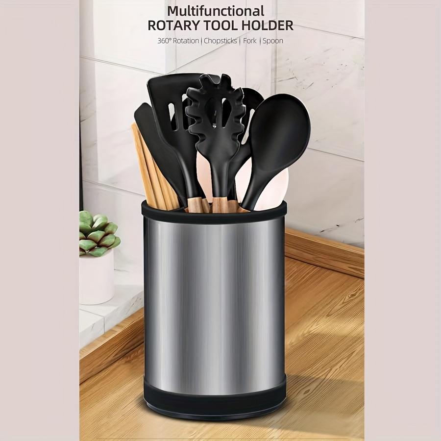 WIEZ Rotating Stainless Steel Utensil Holder 360 Cutlery & Tool Organiser with Drainage and Dividers